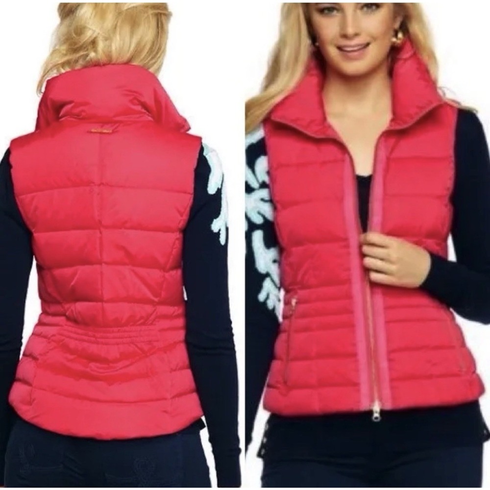 Lilly Pulitzer Elana Pink Puffer Vest Sz L Resortwear Preppy Gold Zip Quilted